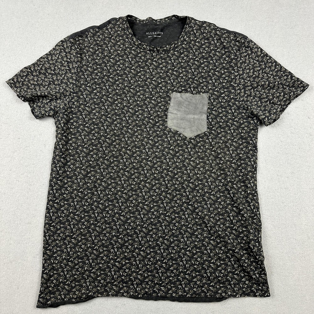 AllSaints Shirt Men Small Black Floral Graphic Suede Pocket Infinate Crew Tee S