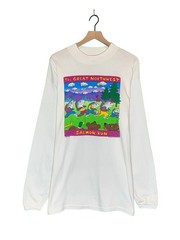 Vtg Fabric Art White Single Stitch Salmon Run XL Long Sleeve Rebecca Lee Baldwin