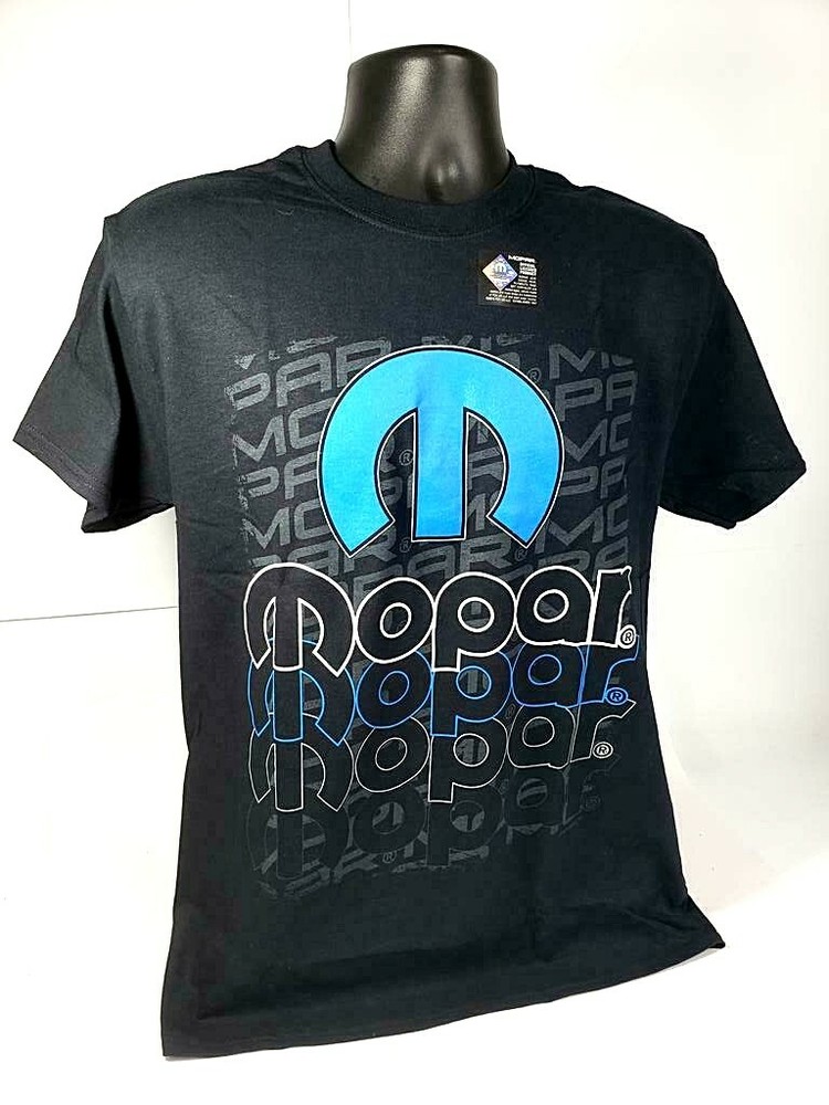 Black T-Shirt w/ Blue Mopar “M” Emblem & Three Color MOPAR Script