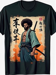 Retro African Samurai Graphic T-Shirt Japanese Warrior Streetwear Casual Tee