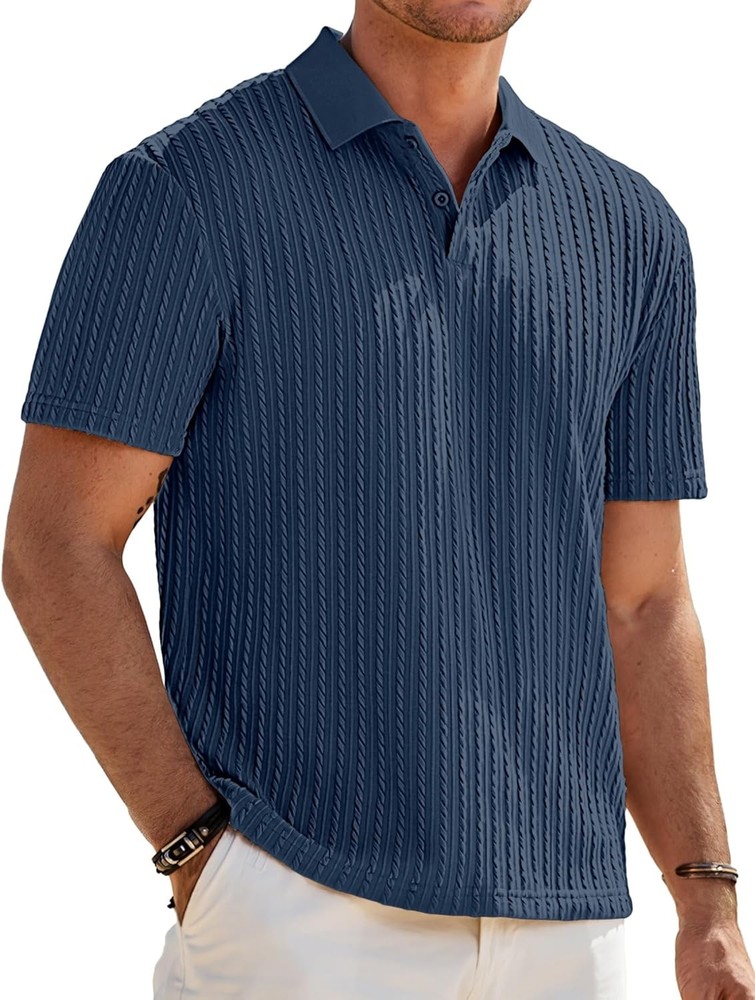 Mens Summer Casual Polo Shirt Short Sleeve Knit Stretchy Button Golf Tee Top