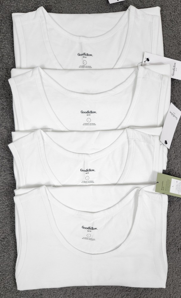 Men’s Sleeveless Tanks T Shirts LARGE White 4 PACK Goodfellow Round Neck Stretch