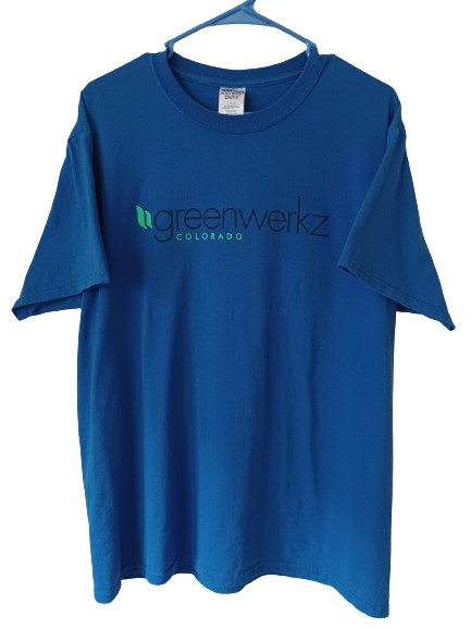GREENWERKS COLORADO T-Shirt; Size L Blue Medical Marijuana Cannabis Dispensary
