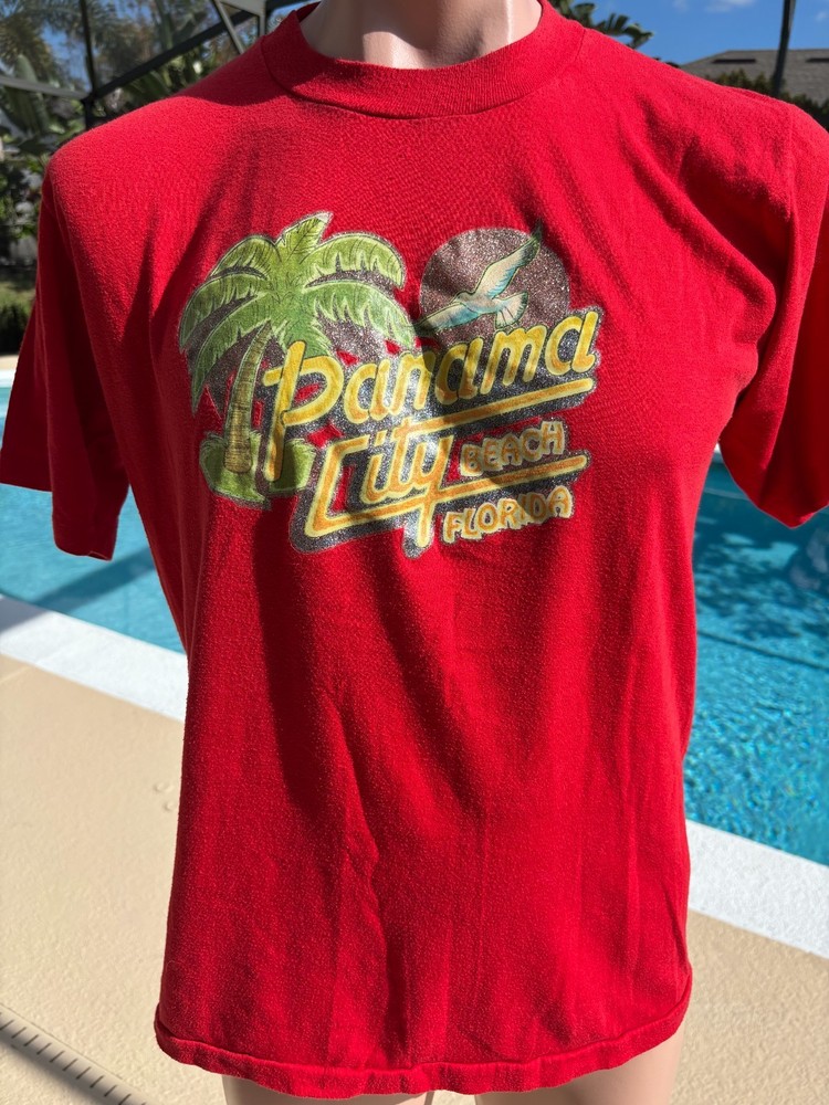 Vintage 80’s Panama City Beach Florida Lee Glitter Letters T Shirt Mens L Large
