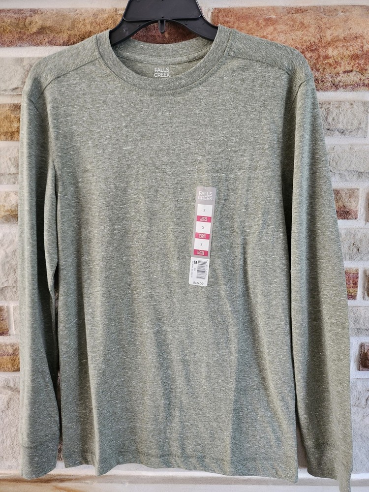 Falls Creek Men’s Size S Heather Olive Green Long Sleeve Cotton Tee NEW