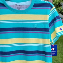 Champion Men’s M Striped T-Shirt Retro Surf Skate Coastal Cotton NWT Blue Yellow