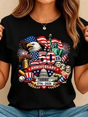Women’s Crew Neck Summer Tee USA 250th Anniversary Patriotic Print Top