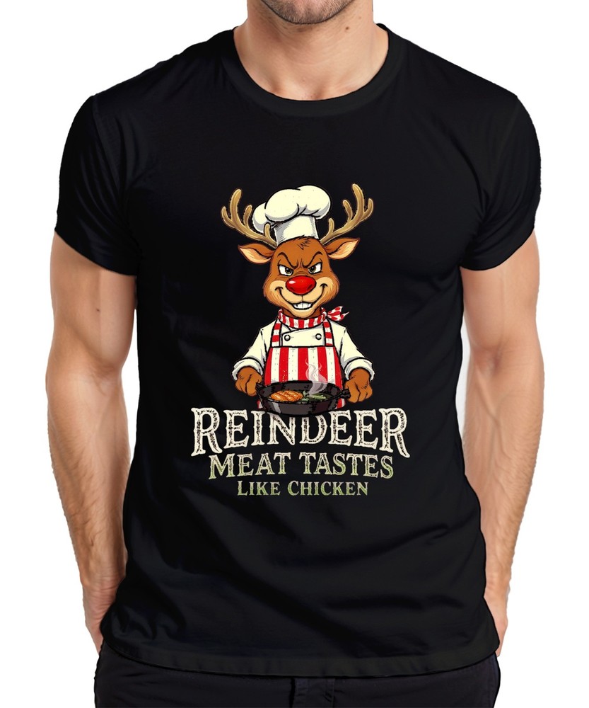Reindeer Meat Tastes Like Chicken Reindeer Chef Apron Funny Mens T-Shirt