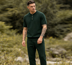 Knitted Henry Collar T-Shirt Men Summer Fashionable Short-Sleeved Top