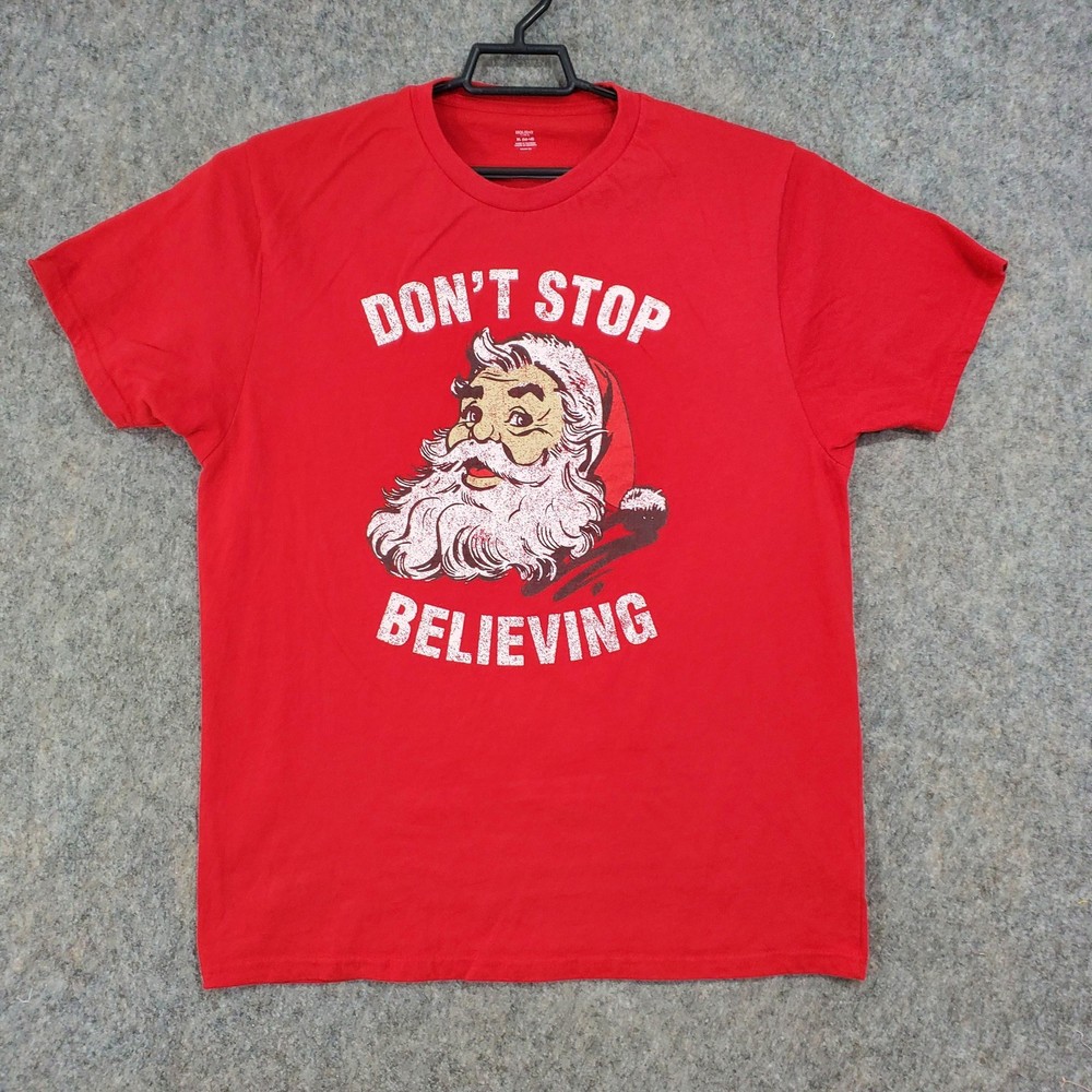 Don’t Stop Believing Santa Shirt Mens XL Red Holiday Time Christmas Tee