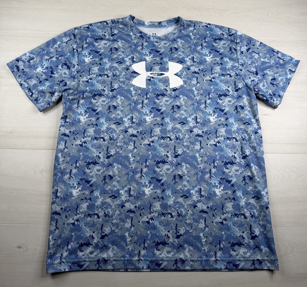 Under Armour Blue Camo Digital Print Shirt Short Sleeve HeatGear Gym Training XL