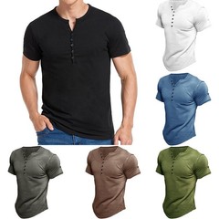 Mens Short Sleeve Henley T-Shirt Casual V Neck Slim Fit Muscle Tops Blouse Tee