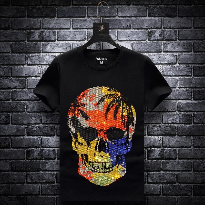 New Fashion Trend Skull Rhinestone Short Sleeve Luxury Men Black White T-Shirt