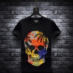 New Fashion Trend Skull Rhinestone Short Sleeve Luxury Men Black White T-Shirt
