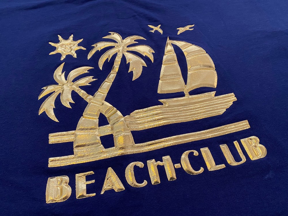 VTG 90s Metallic Gold Foil Beach Club T Shirt 3XL Made in USA Tropical Vacation