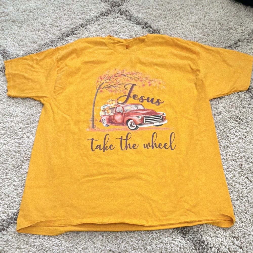 Hanes Tagless 3XL Yellow Crewneck Short Sleeve “Jesus Take the Wheel” Tee