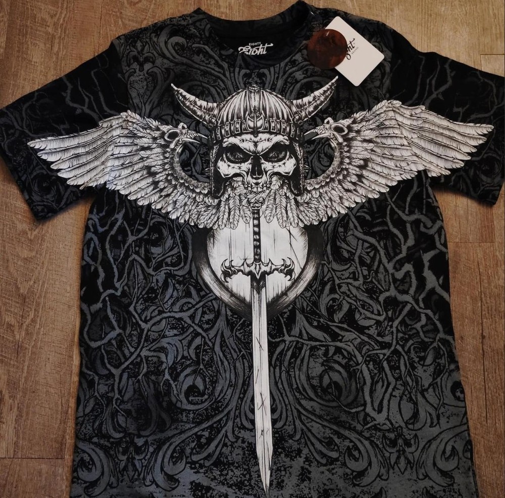 Eighty Eight Men’s XL Black Graphic Skull Wings Sword Tee Crew Neck Short Sleeve