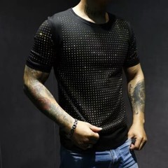 New Men Cotton Hot Drilling Polka Dot Rhinestones Black T-Shirt Short Sleeve