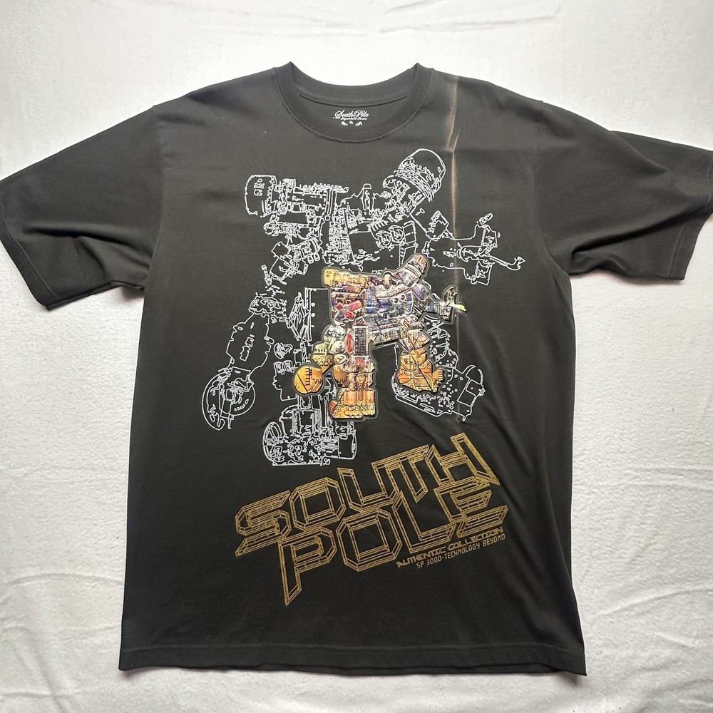 Y2K Southpole Robot Graphic T Shirt Mens XL Black Techwear Cyber Streetwear Mech