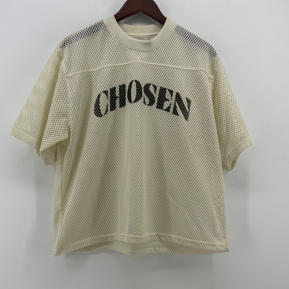 Chosen Graphic Mesh Jersey Short Sleeve Streetwear Top Cream Off-White Relaxed