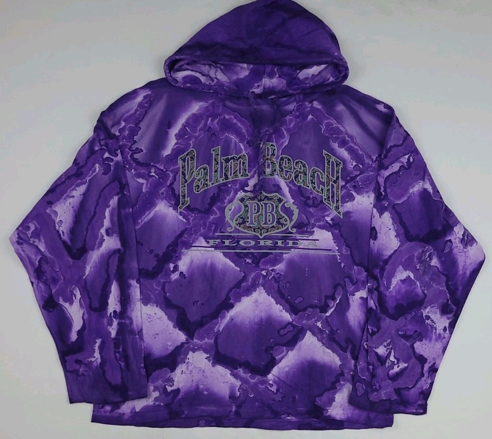 Vintage 90s Palm Beach Florida Purple Tie Dye Hoodie T Shirt USA Made Too Cool