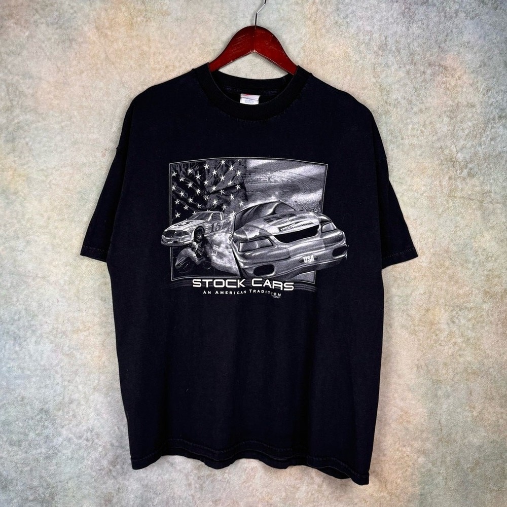 VTG Y2K Stock Cars Graphic T Shirt Mens Sz XL Black Racing USA Nascar