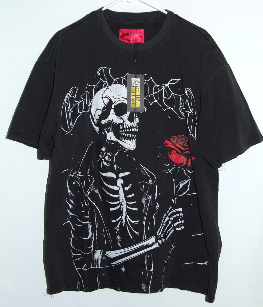 Godspeed Tee T-Shirt – Skull Skeleton w/Red Rose – Faded Black – NWT – Large