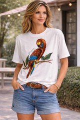 Hand Painted Parrot T Shirt Adult Large White Graphic Art Tee Unisex