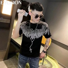 New Fashion Wings Trend Rhinestone Summer Short Sleeve Luxury Men Cotton T-Shirt