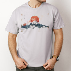 Sun Mountain Shirt Japanese Landscape Watercolor Art Tshirt Gray