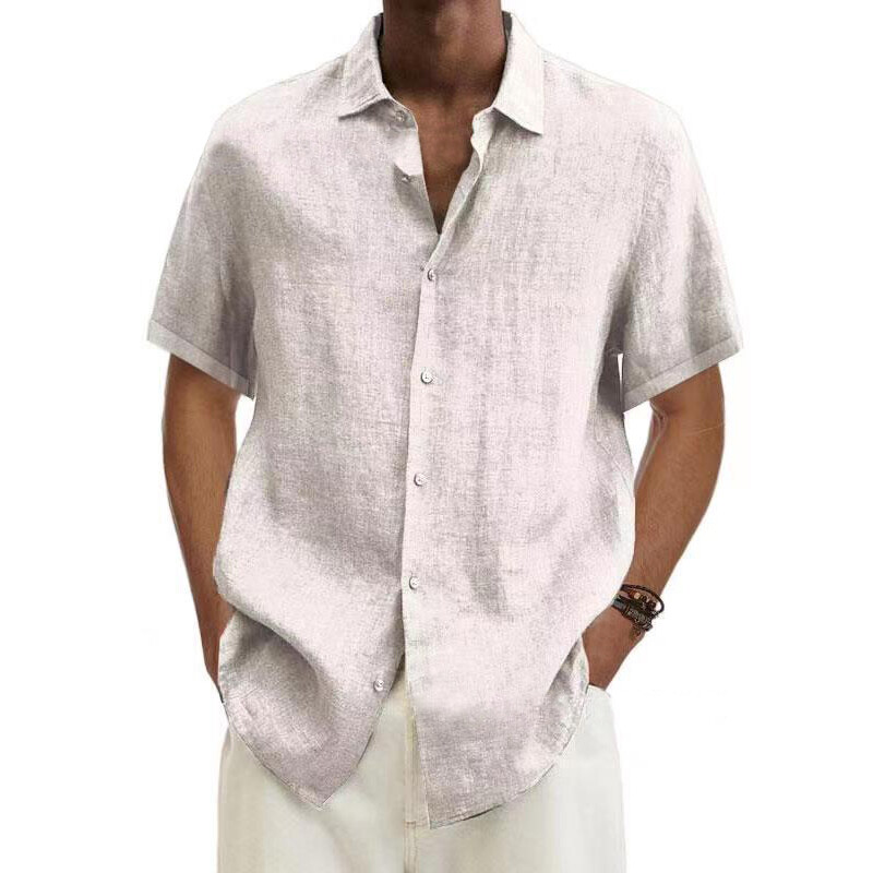 Mens Cotton Linen Short Sleeve Dress Shirt Button Down Loose Blouse Tops Solid