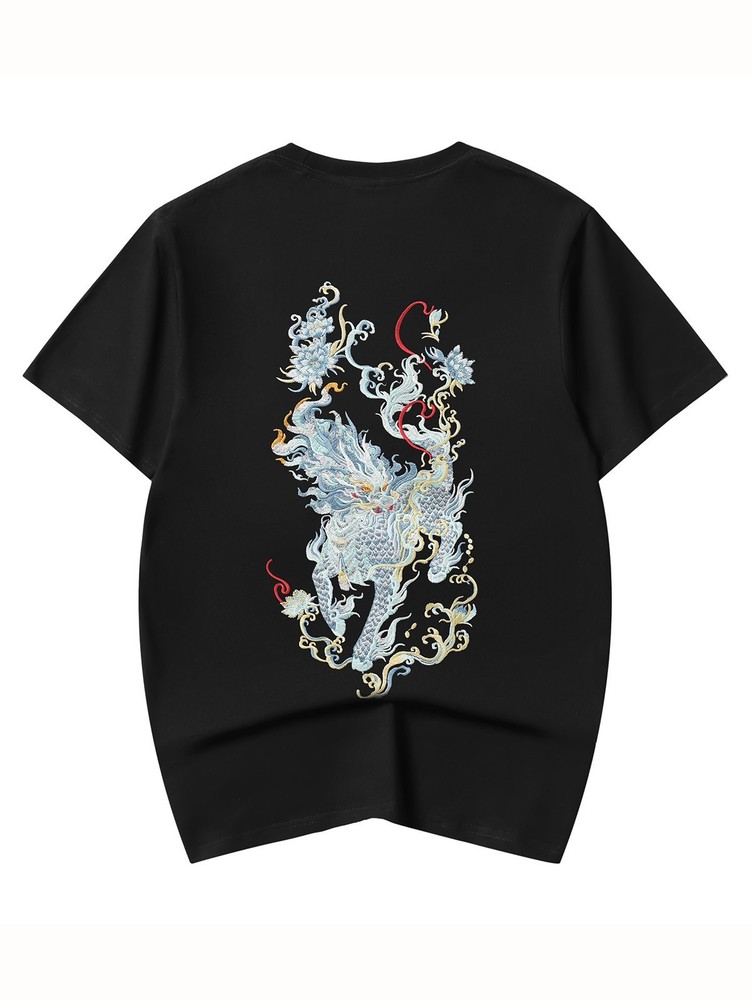 Niepce Men’s Blue Kirin Embroidery Tee Japanese Streetwear T-Shirt