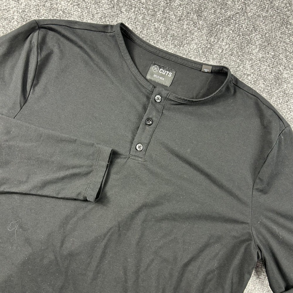 Cuts Henley Shirt Mens Large Black Long Sleeve Split-Hem PYCA Pro L1034 Top