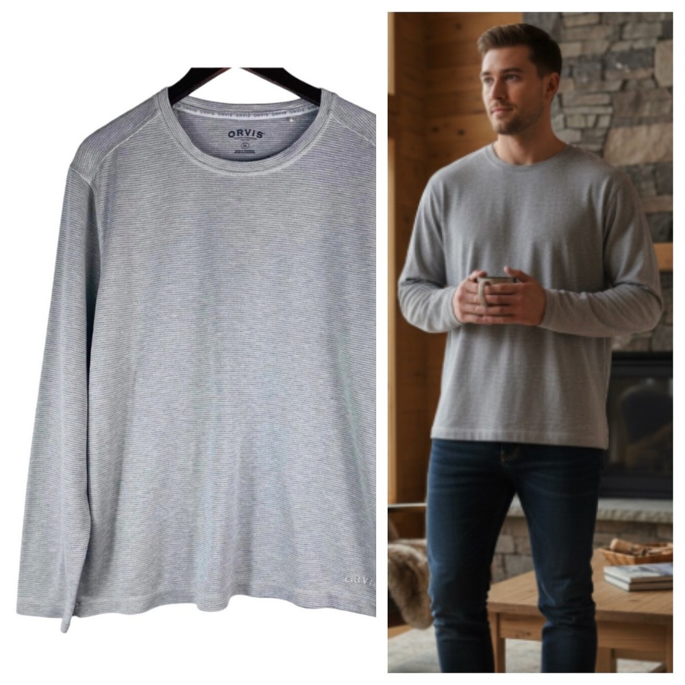 Orvis Classic Collection Shirt Tee Long Sleeve Mens XL Gray Striped Base Layer e