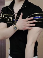 New Men Luxury Diamond Rhinestones Fashion Black Polo T-Shirt High Quality