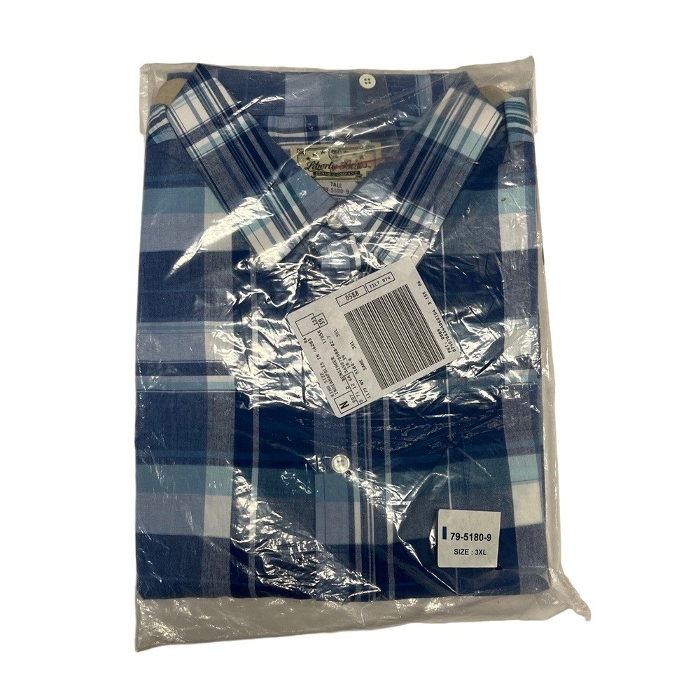 NWT Liberty Blues 79-5180-9 Blue White Plaid Collared Short Sleeve Tall 3XL