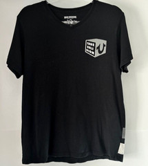True Religion Buddha Box V Neck T Shirt Mens L Black Graphic Spellout Guitar