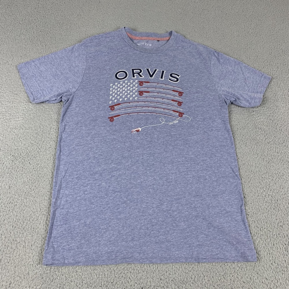 Orvis Shirt Mens Medium Blue Cotton USA Fishing Flag Short Sleeve Outdoor