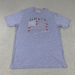 Orvis Shirt Mens Medium Blue Cotton USA Fishing Flag Short Sleeve Outdoor