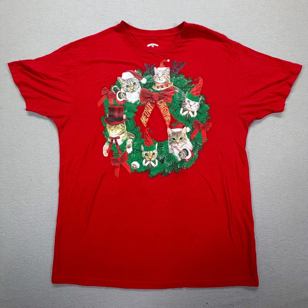 Holiday Time Mens T-Shirt Regular Red Cat Wreath Graphic Christmas Large
