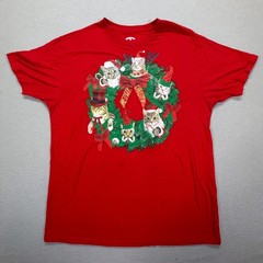 Holiday Time Mens T-Shirt Regular Red Cat Wreath Graphic Christmas Large