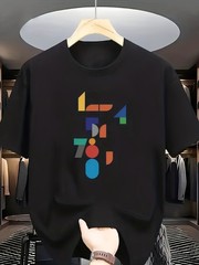 Crew Neck Short Sleeve T-Shirt | Colorful Geometric Number Pattern, Casual Style