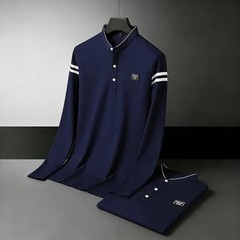 Men Stand Collar Long Sleeve Polo Shirt Stripe Accent Soft Breathable For Busine