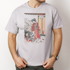 Geisha Kimono Artwork Shirt Japanese Floral Print Graphic Tshirt Gray