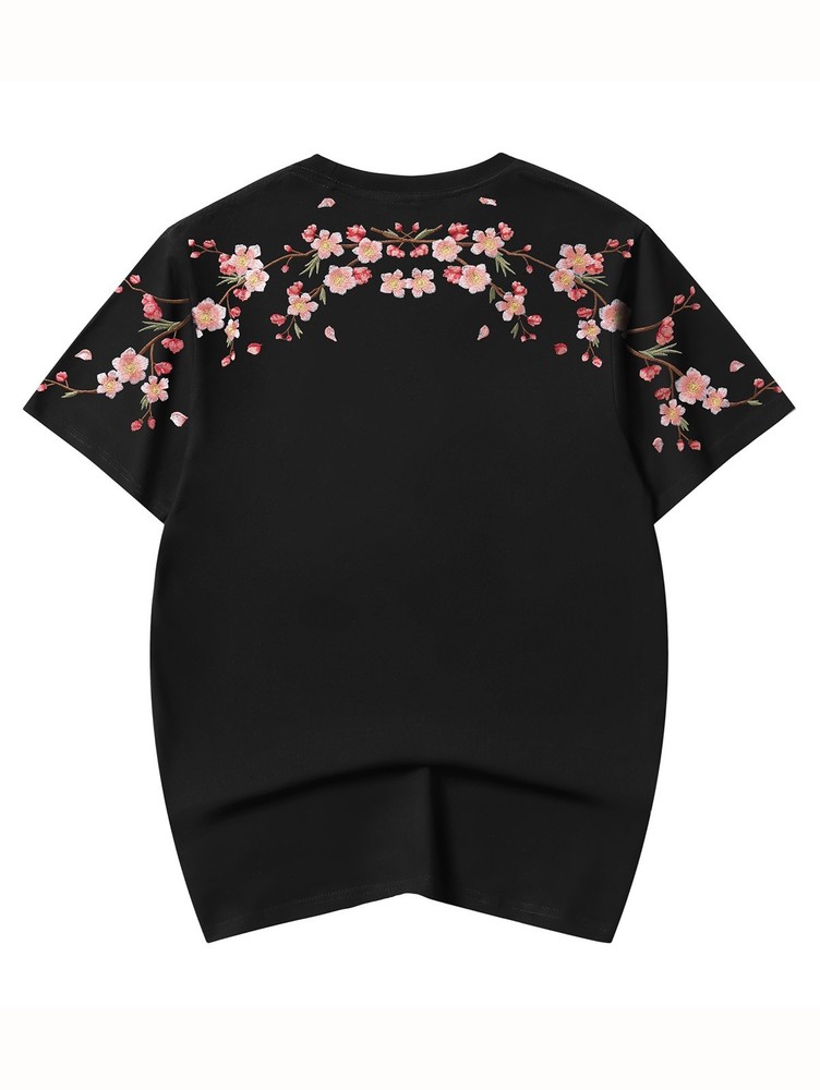Niepce Men’s Sakura Flowers Embroidery Tee Japanese Streetwear T-Shirt