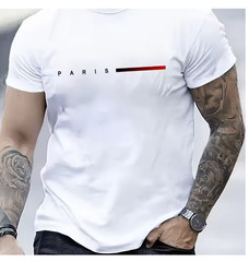 Men’s 100% Cotton Summer Loose PARIS Creative Letter Print Casual Slim Fit Round