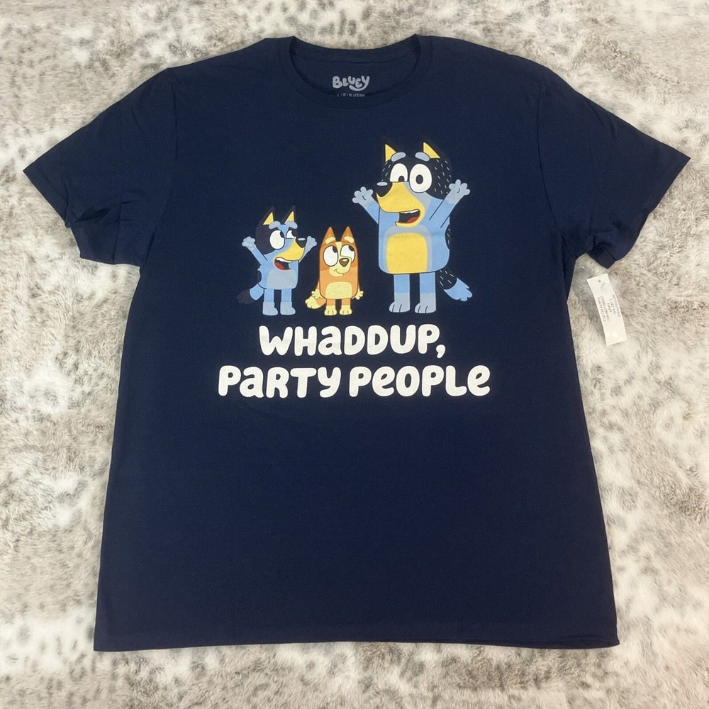 Bluey Whaddup Party People Graphic Shirt Mens Large Bingo Dad Mom Disney 307