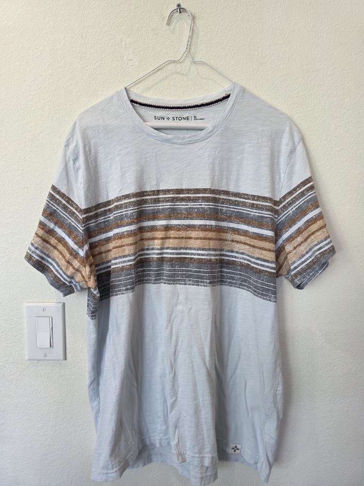 Sun And Stone Mens Rugged Stripe T Shirt Sz XL Gray Brown Surfercore Casual