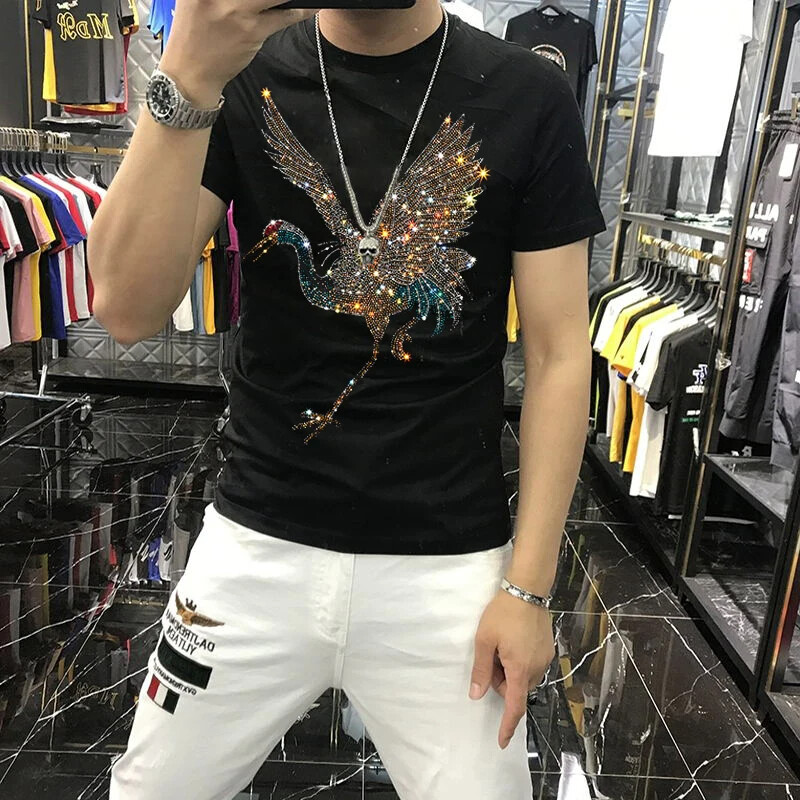 New Fashion Trend Stork Hot Drilling Rhinestones Summer Luxury Men T-Shirt