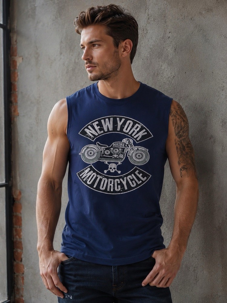 Blue Men’s Sleeveless Graphic Print T-Shirt Crew Neck “New York Motorcycle” S
